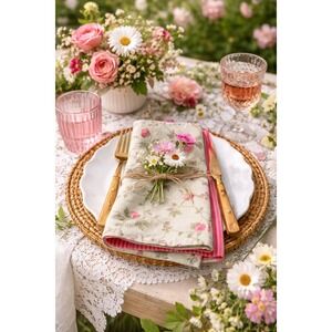 Handcrafted Reversible Cotton Napkins Strawberry Floral Sage Green Red‎ Stripe